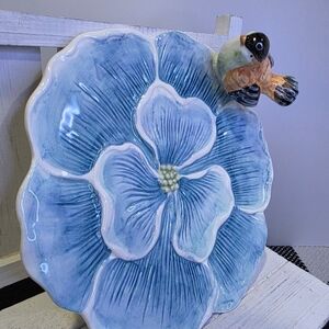 Ceramic Blue Flower Plate w/ 3D Bird Figurine - Scalloped Petal Serving Dish.